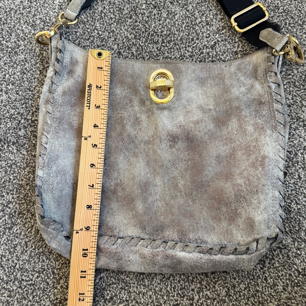 Aimee Kestenberg Distressed Grey Shimmer Suede Crossbody Bag, Removable Strap - Picture 16 of 16
